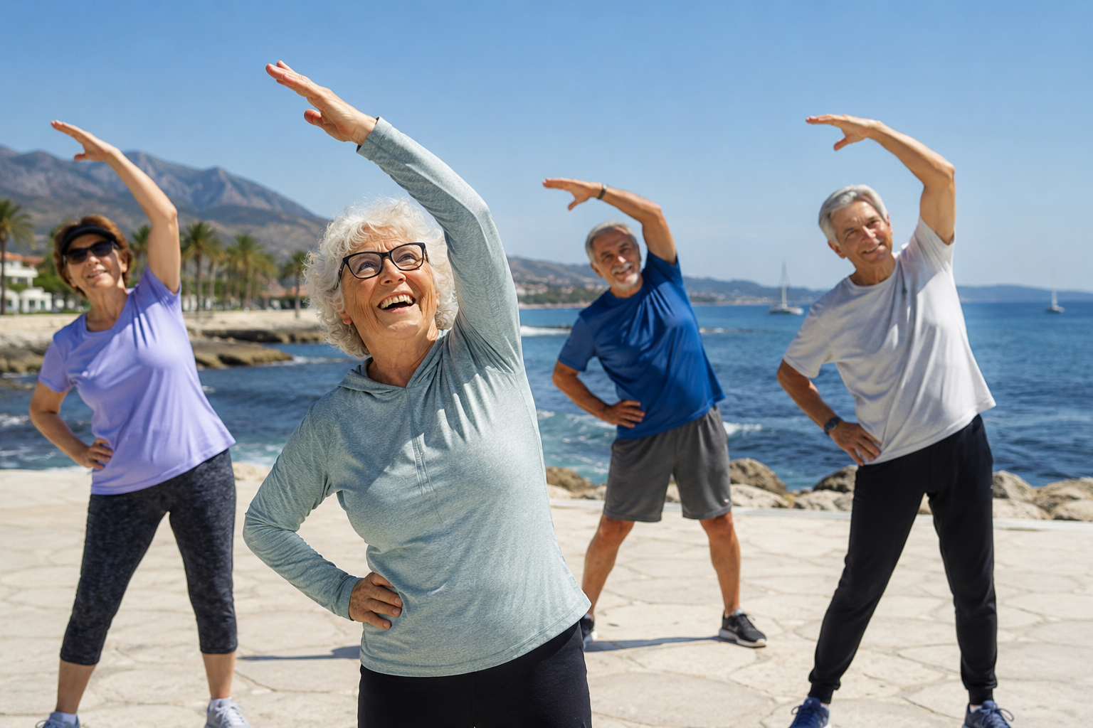 Seniors doing stretching exercises by the European coast