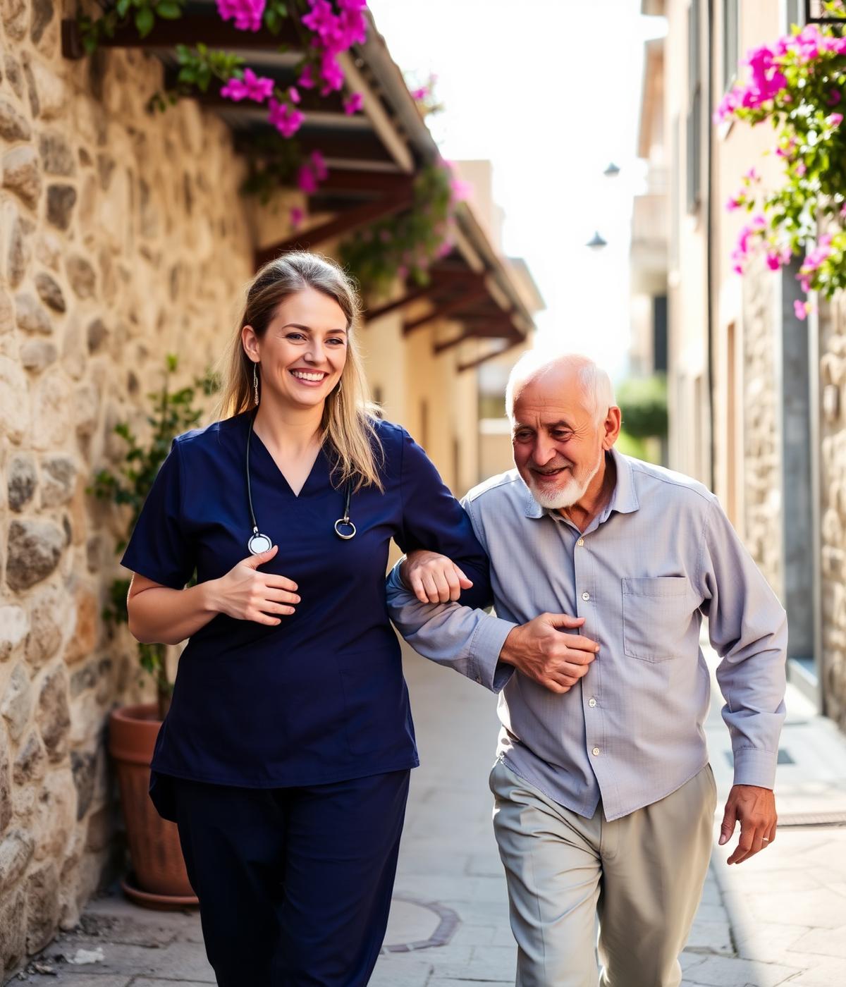 Caregiver walking with an older man in a Cyprus village